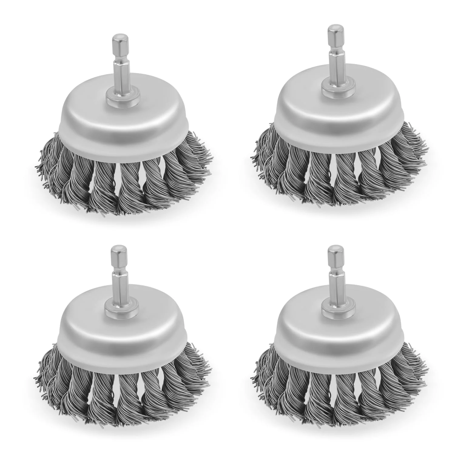 3" Knotted Wire Cup Brush for Drill, 1/4" Hex Shank, Pack of 4