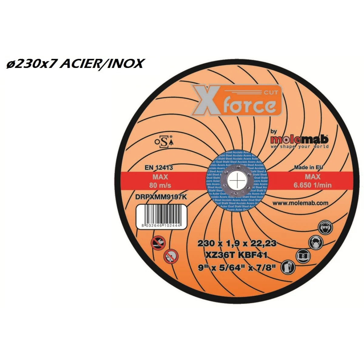 Disque à ébarber 230x7 mixte acier MOLEMAB X FORCE