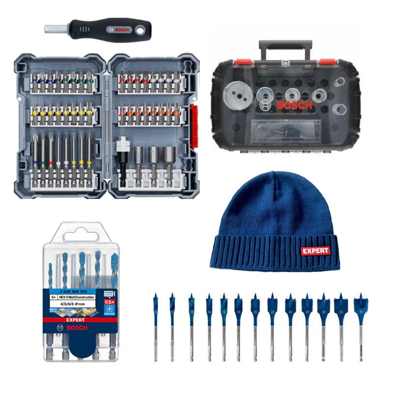 Kit BOSCH 5 forets expert + Assortiment d’embouts de vissage+ Coffret de scie trépan + Trousse mèches plates + Bonnet